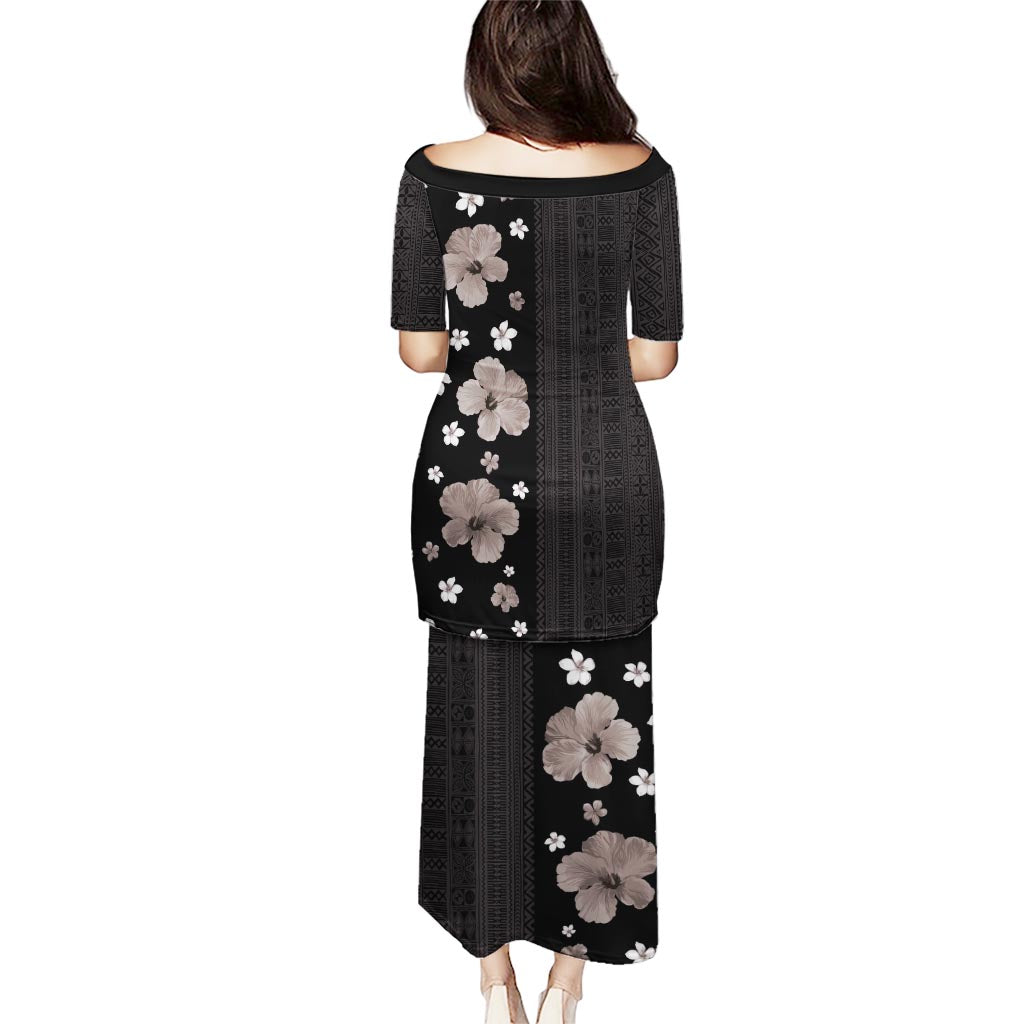 Hawaii Hibiscus and Plumeria Flowers Puletasi Tapa Tribal Pattern Half Style Grayscale Mode LT03 - Polynesian Pride