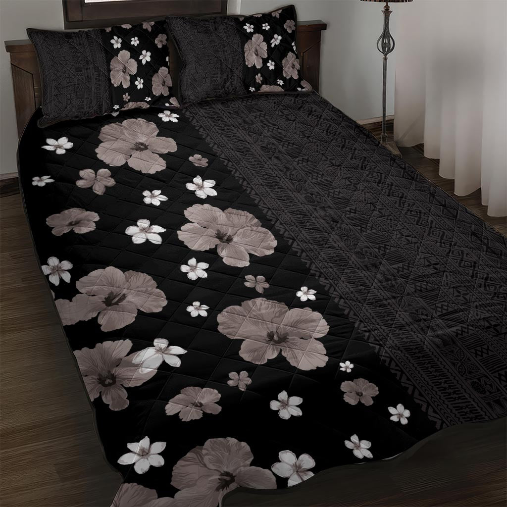 Hawaii Hibiscus and Plumeria Flowers Quilt Bed Set Tapa Tribal Pattern Half Style Grayscale Mode