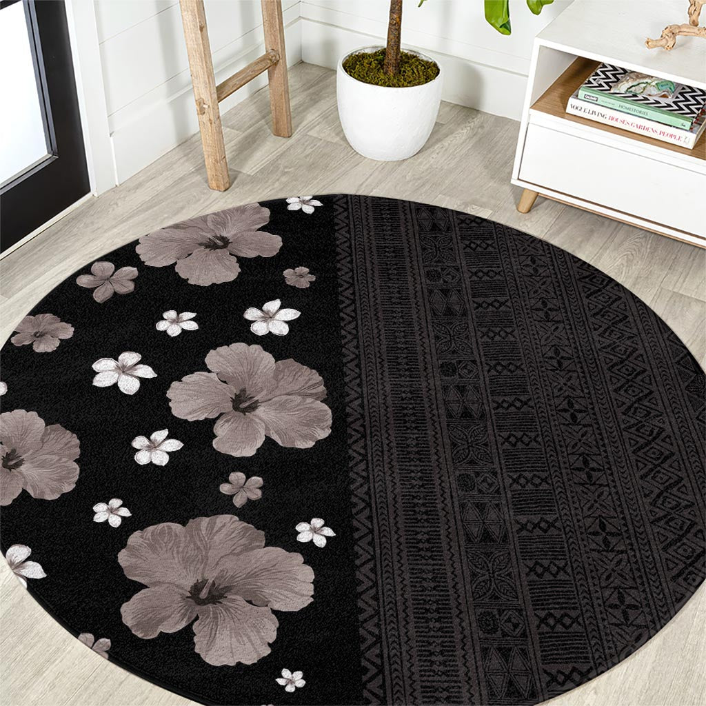 Hawaii Hibiscus and Plumeria Flowers Round Carpet Tapa Tribal Pattern Half Style Grayscale Mode