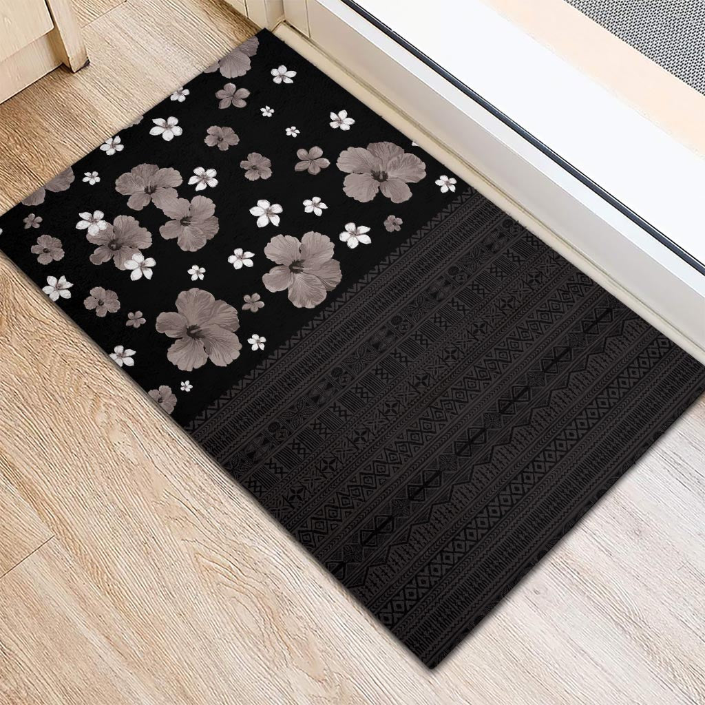 Hawaii Hibiscus and Plumeria Flowers Rubber Doormat Tapa Tribal Pattern Half Style Grayscale Mode LT03 - Polynesian Pride