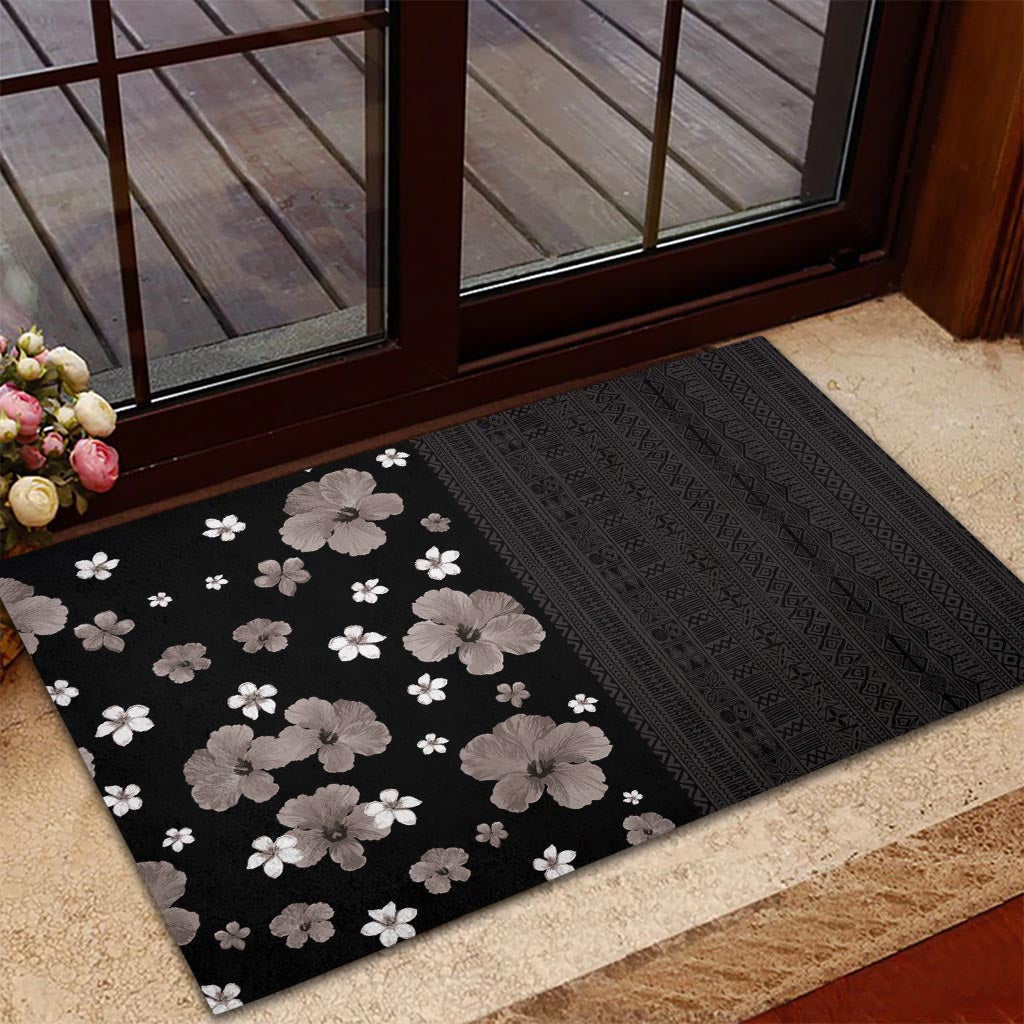 Hawaii Hibiscus and Plumeria Flowers Rubber Doormat Tapa Tribal Pattern Half Style Grayscale Mode LT03 - Polynesian Pride