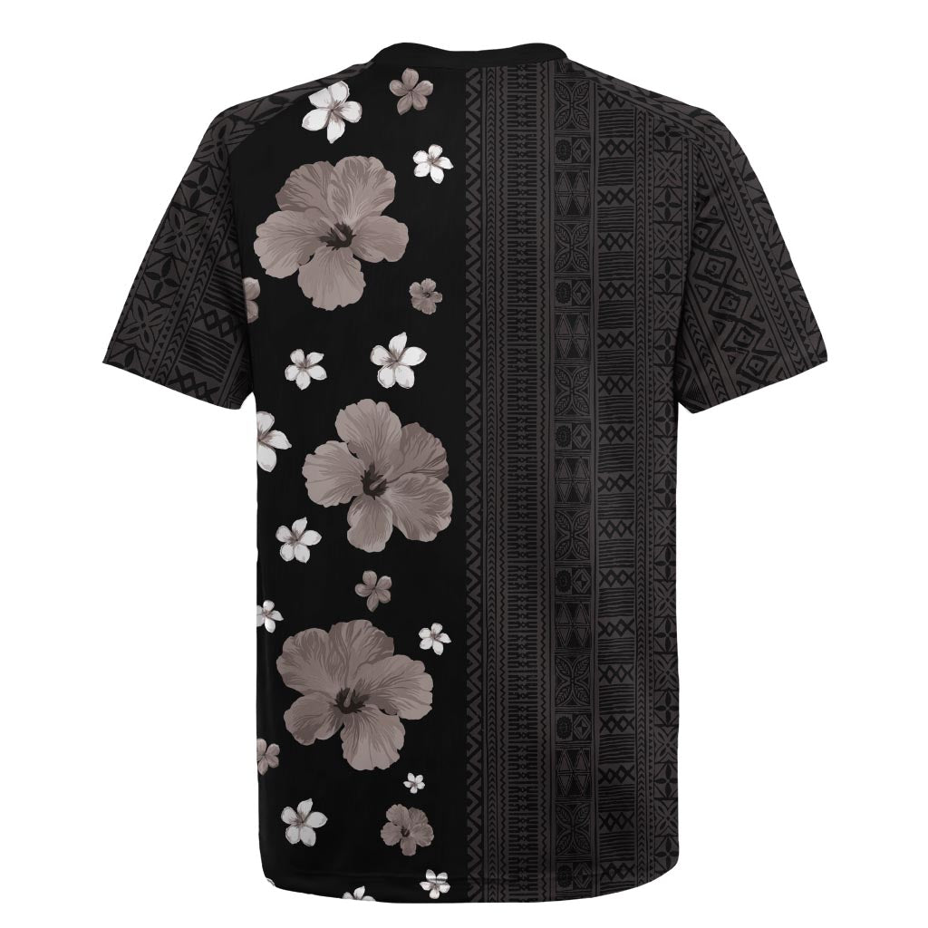Hawaii Hibiscus and Plumeria Flowers Rugby Jersey Tapa Tribal Pattern Half Style Grayscale Mode LT03 - Polynesian Pride