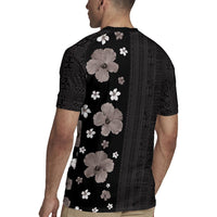 Hawaii Hibiscus and Plumeria Flowers Rugby Jersey Tapa Tribal Pattern Half Style Grayscale Mode LT03 - Polynesian Pride