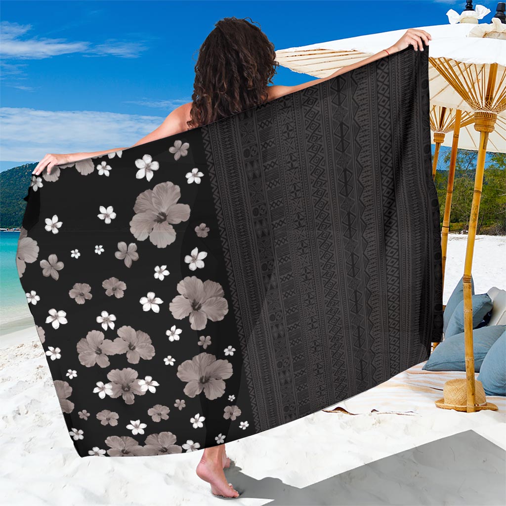 Hawaii Hibiscus and Plumeria Flowers Sarong Tapa Tribal Pattern Half Style Grayscale Mode