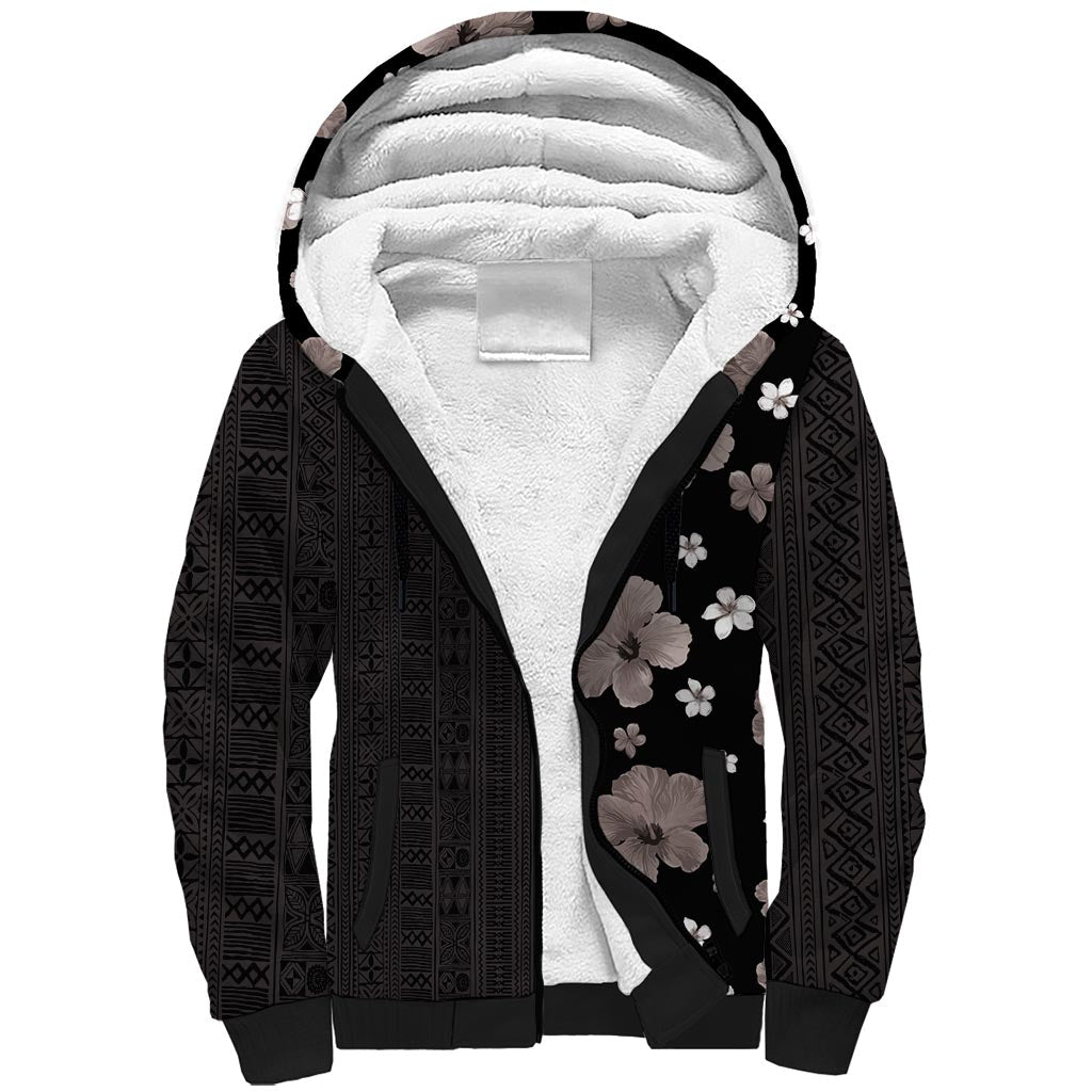 Hawaii Hibiscus and Plumeria Flowers Sherpa Hoodie Tapa Tribal Pattern Half Style Grayscale Mode LT03 Unisex Black - Polynesian Pride