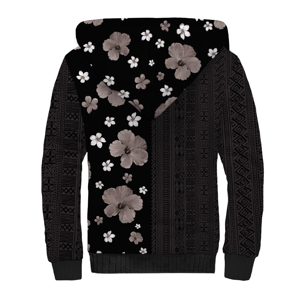 Hawaii Hibiscus and Plumeria Flowers Sherpa Hoodie Tapa Tribal Pattern Half Style Grayscale Mode LT03 - Polynesian Pride