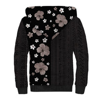 Hawaii Hibiscus and Plumeria Flowers Sherpa Hoodie Tapa Tribal Pattern Half Style Grayscale Mode LT03 - Polynesian Pride