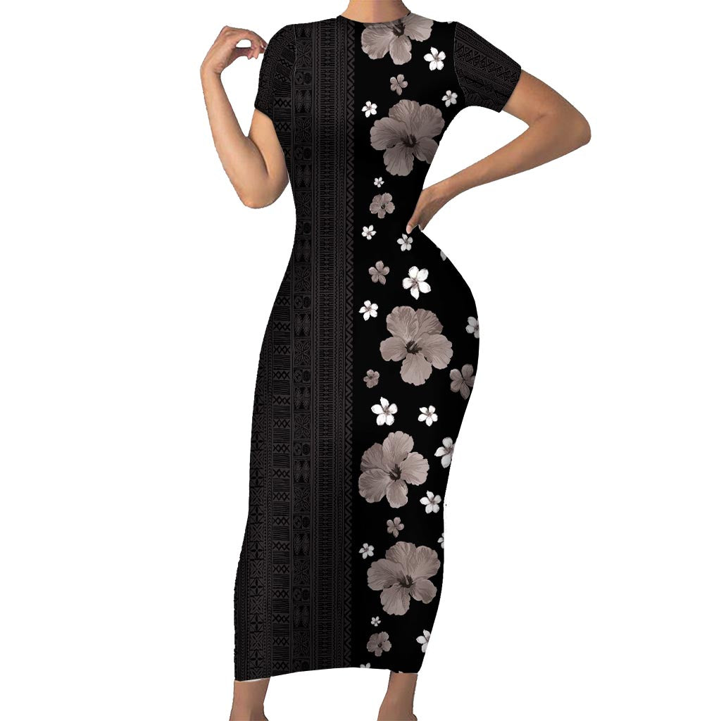Hawaii Hibiscus and Plumeria Flowers Short Sleeve Bodycon Dress Tapa Tribal Pattern Half Style Grayscale Mode