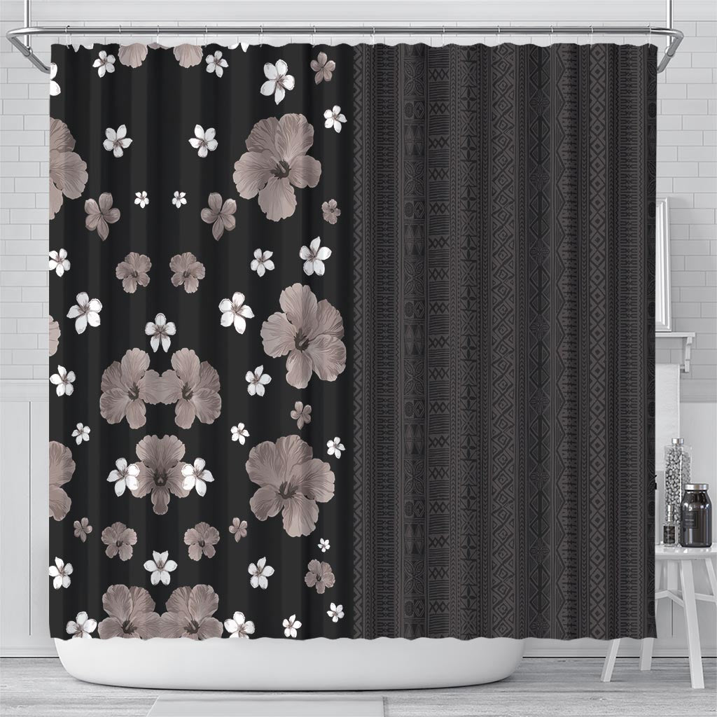 Hawaii Hibiscus and Plumeria Flowers Shower Curtain Tapa Tribal Pattern Half Style Grayscale Mode