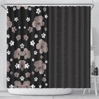Hawaii Hibiscus and Plumeria Flowers Shower Curtain Tapa Tribal Pattern Half Style Grayscale Mode