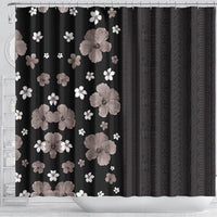 Hawaii Hibiscus and Plumeria Flowers Shower Curtain Tapa Tribal Pattern Half Style Grayscale Mode