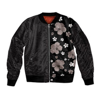Hawaii Hibiscus and Plumeria Flowers Sleeve Zip Bomber Jacket Tapa Tribal Pattern Half Style Grayscale Mode LT03 Unisex Black - Polynesian Pride