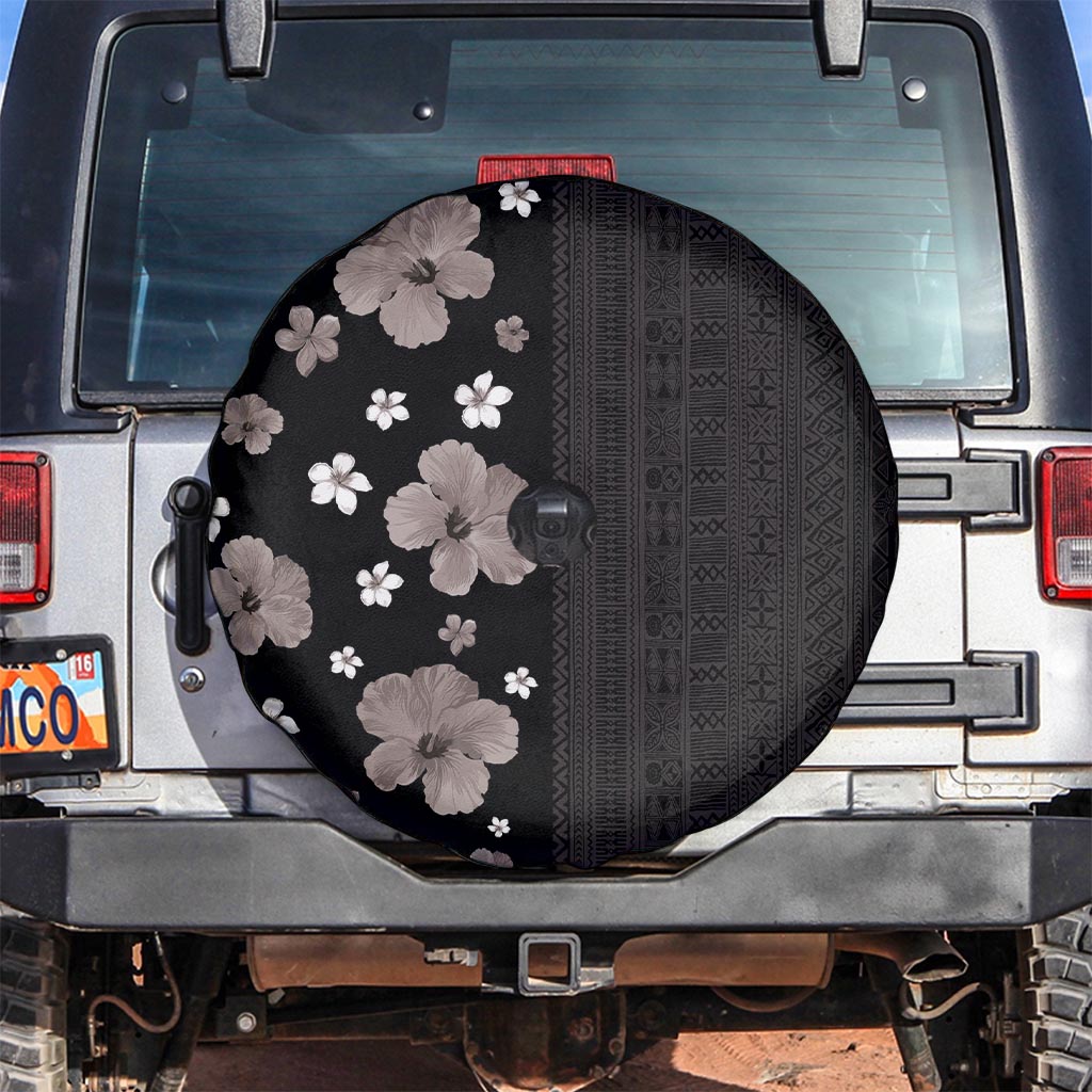 Hawaii Hibiscus and Plumeria Flowers Spare Tire Cover Tapa Tribal Pattern Half Style Grayscale Mode