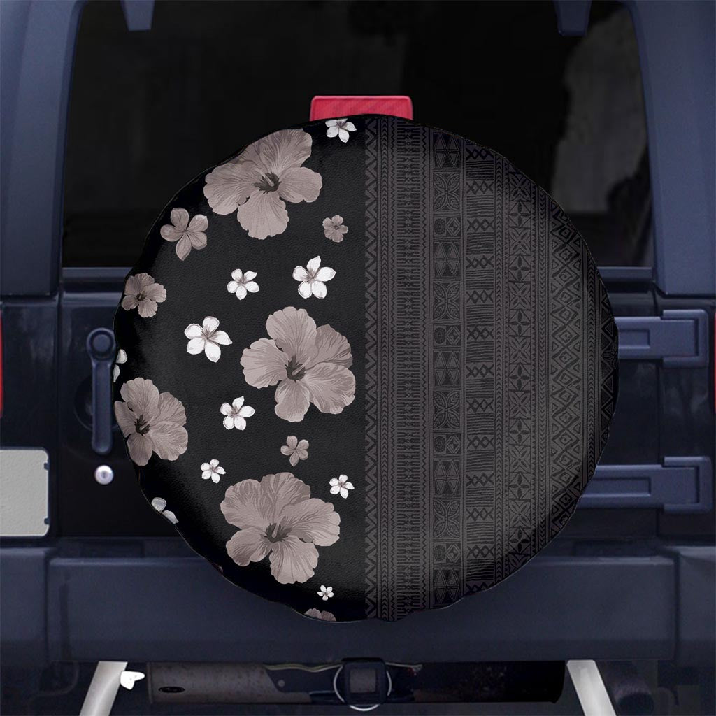 Hawaii Hibiscus and Plumeria Flowers Spare Tire Cover Tapa Tribal Pattern Half Style Grayscale Mode LT03 - Polynesian Pride