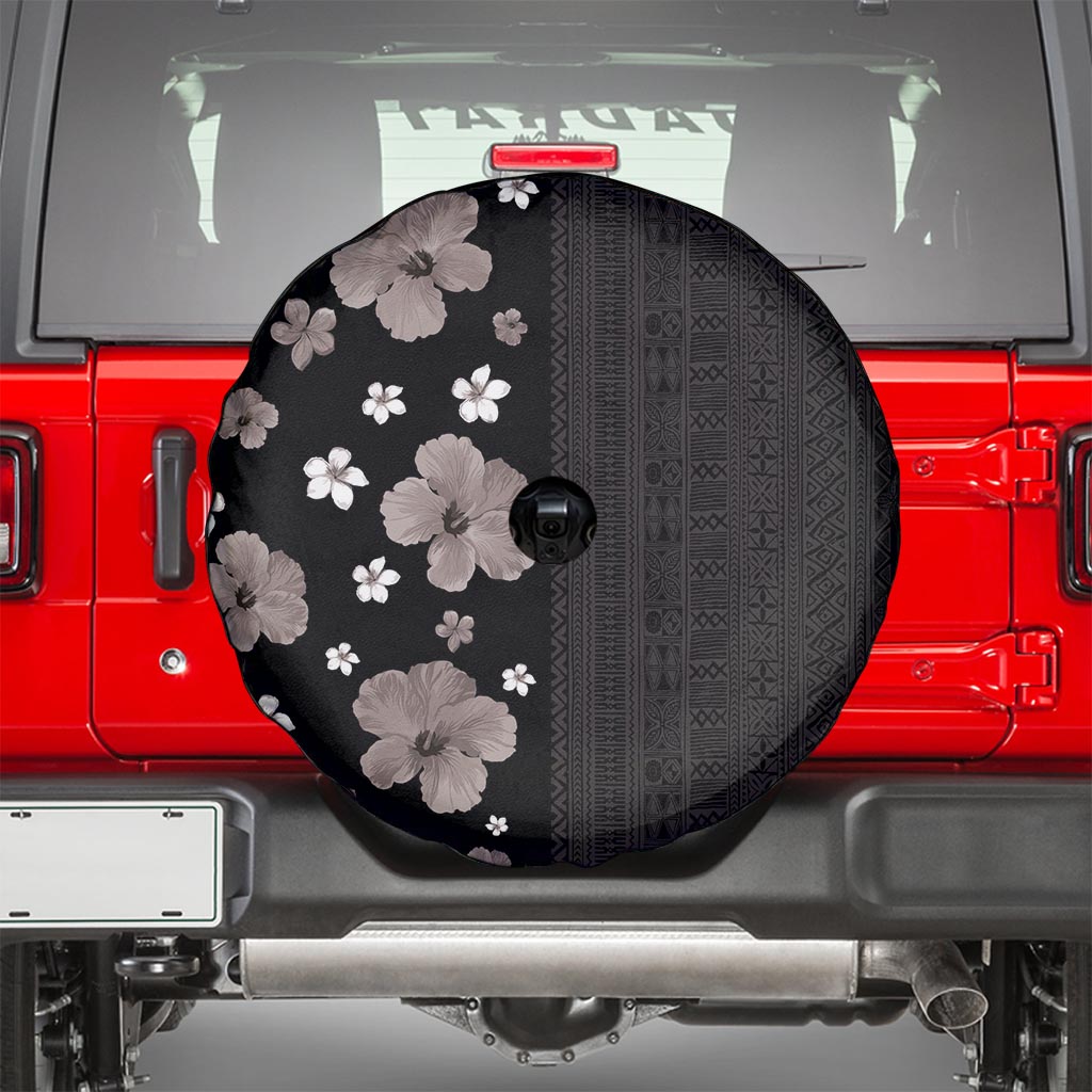 Hawaii Hibiscus and Plumeria Flowers Spare Tire Cover Tapa Tribal Pattern Half Style Grayscale Mode LT03 - Polynesian Pride