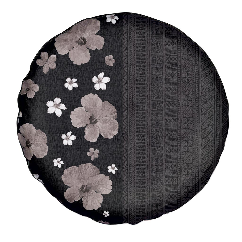 Hawaii Hibiscus and Plumeria Flowers Spare Tire Cover Tapa Tribal Pattern Half Style Grayscale Mode LT03 - Polynesian Pride