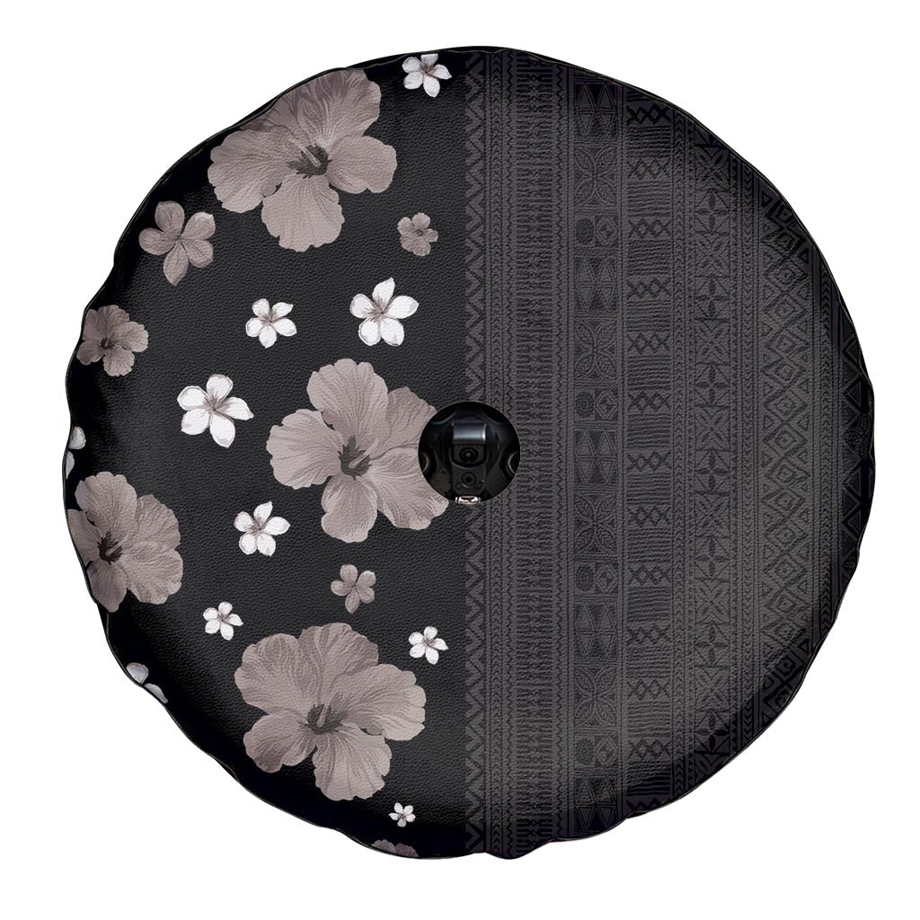 Hawaii Hibiscus and Plumeria Flowers Spare Tire Cover Tapa Tribal Pattern Half Style Grayscale Mode LT03 - Polynesian Pride