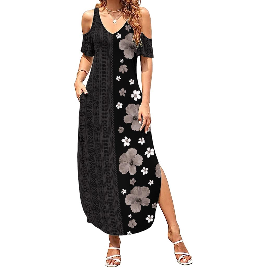 Hawaii Hibiscus and Plumeria Flowers Summer Maxi Dress Tapa Tribal Pattern Half Style Grayscale Mode LT03 Women Black - Polynesian Pride