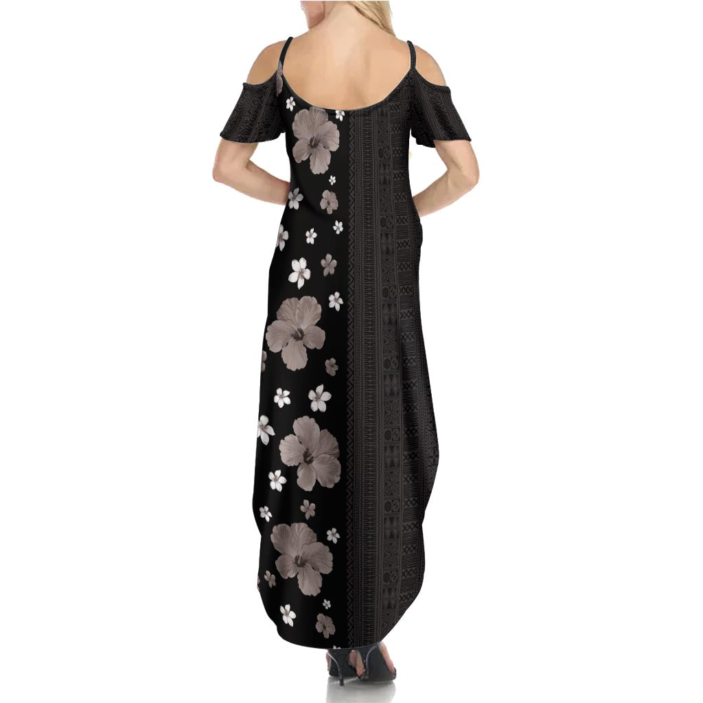 Hawaii Hibiscus and Plumeria Flowers Summer Maxi Dress Tapa Tribal Pattern Half Style Grayscale Mode LT03 - Polynesian Pride