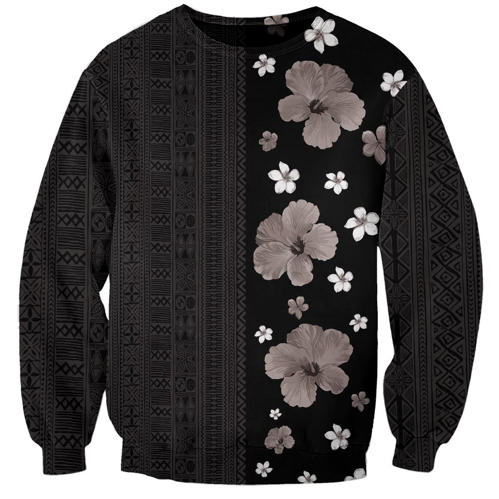 Hawaii Hibiscus and Plumeria Flowers Sweatshirt Tapa Tribal Pattern Half Style Grayscale Mode LT03 Unisex Black - Polynesian Pride