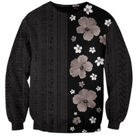 Hawaii Hibiscus and Plumeria Flowers Sweatshirt Tapa Tribal Pattern Half Style Grayscale Mode LT03 Unisex Black - Polynesian Pride