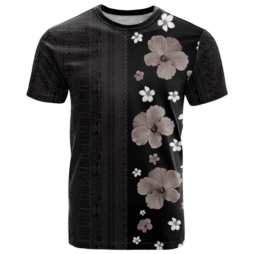Hawaii Hibiscus and Plumeria Flowers T Shirt Tapa Tribal Pattern Half Style Grayscale Mode