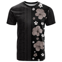 Hawaii Hibiscus and Plumeria Flowers T Shirt Tapa Tribal Pattern Half Style Grayscale Mode