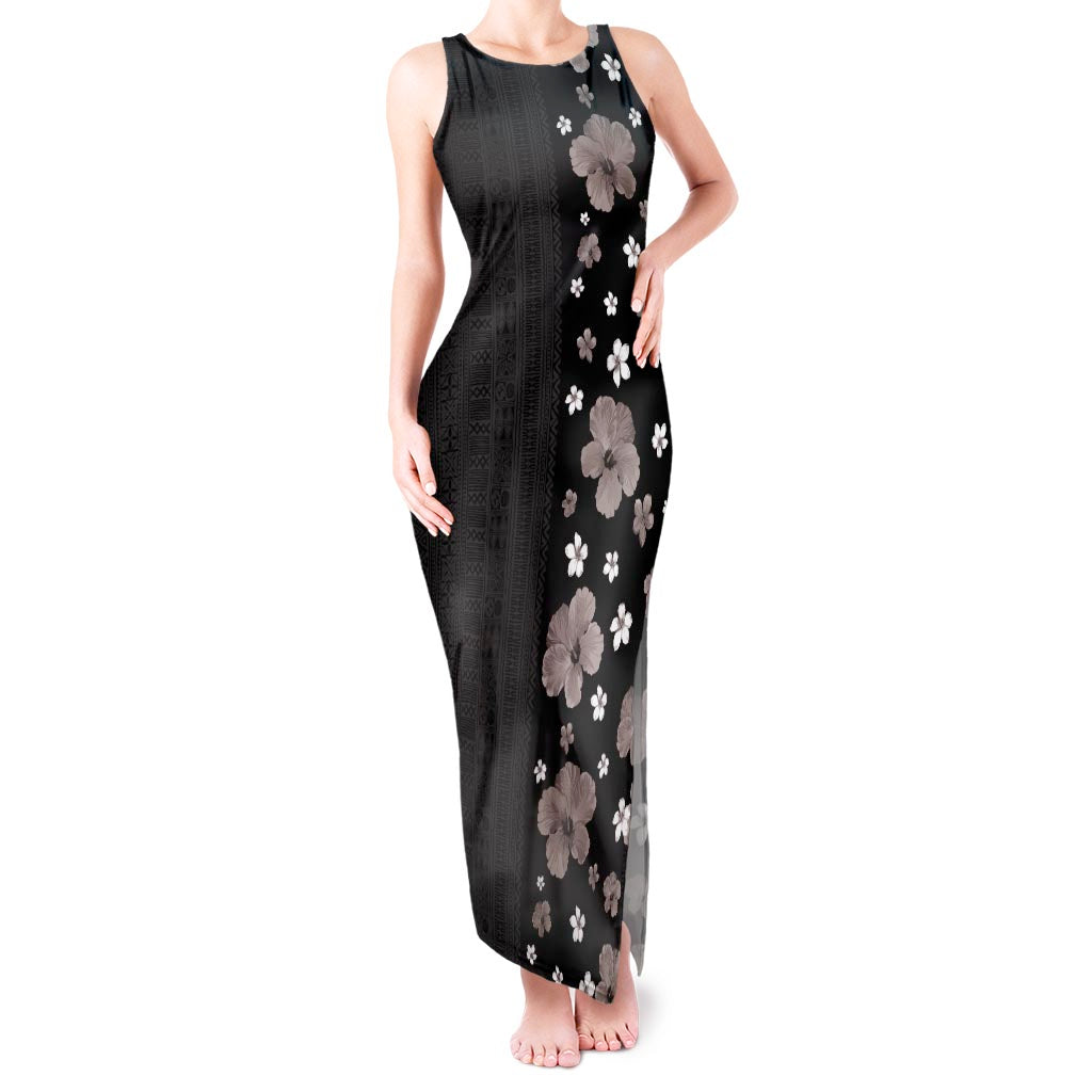 Hawaii Hibiscus and Plumeria Flowers Tank Maxi Dress Tapa Tribal Pattern Half Style Grayscale Mode LT03 Women Black - Polynesian Pride