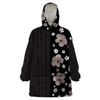 Hawaii Hibiscus and Plumeria Flowers Wearable Blanket Hoodie Tapa Tribal Pattern Half Style Grayscale Mode LT03 One Size Black - Polynesian Pride