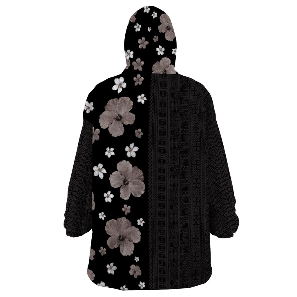 Hawaii Hibiscus and Plumeria Flowers Wearable Blanket Hoodie Tapa Tribal Pattern Half Style Grayscale Mode LT03 - Polynesian Pride