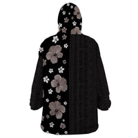 Hawaii Hibiscus and Plumeria Flowers Wearable Blanket Hoodie Tapa Tribal Pattern Half Style Grayscale Mode LT03 - Polynesian Pride