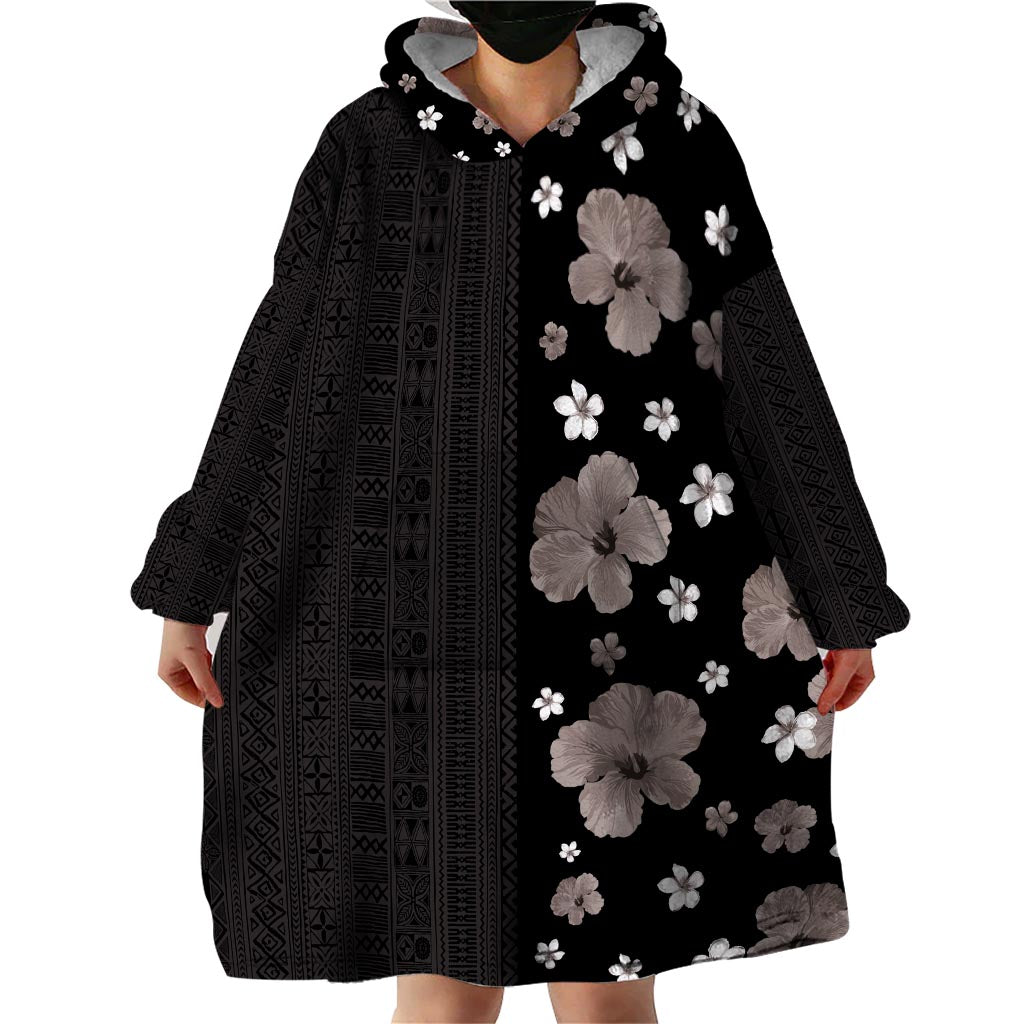 Hawaii Hibiscus and Plumeria Flowers Wearable Blanket Hoodie Tapa Tribal Pattern Half Style Grayscale Mode LT03 - Polynesian Pride
