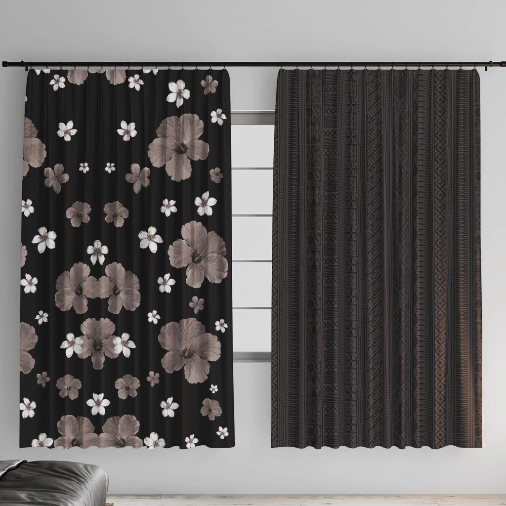 Hawaii Hibiscus and Plumeria Flowers Window Curtain Tapa Tribal Pattern Half Style Grayscale Mode LT03 With Hooks Black - Polynesian Pride