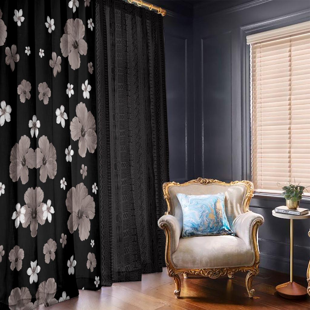 Hawaii Hibiscus and Plumeria Flowers Window Curtain Tapa Tribal Pattern Half Style Grayscale Mode LT03 - Polynesian Pride