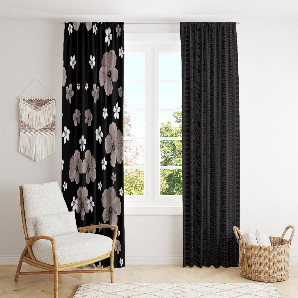 Hawaii Hibiscus and Plumeria Flowers Window Curtain Tapa Tribal Pattern Half Style Grayscale Mode LT03 - Polynesian Pride
