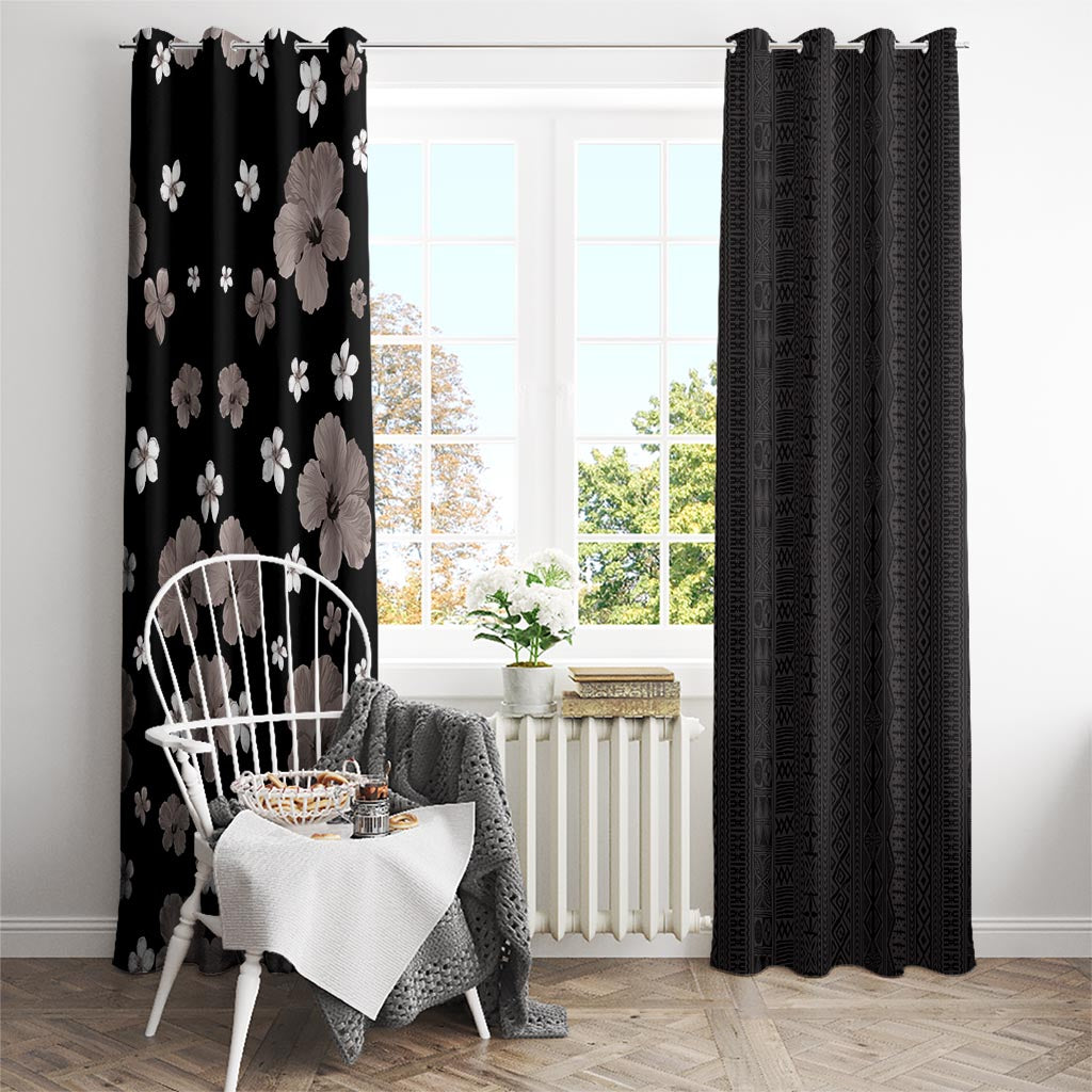 Hawaii Hibiscus and Plumeria Flowers Window Curtain Tapa Tribal Pattern Half Style Grayscale Mode LT03 - Polynesian Pride