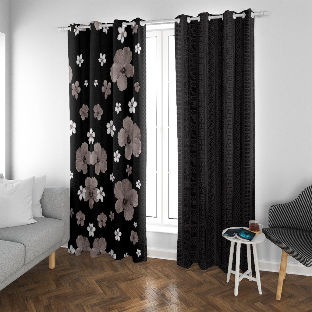 Hawaii Hibiscus and Plumeria Flowers Window Curtain Tapa Tribal Pattern Half Style Grayscale Mode LT03 With Grommets Black - Polynesian Pride