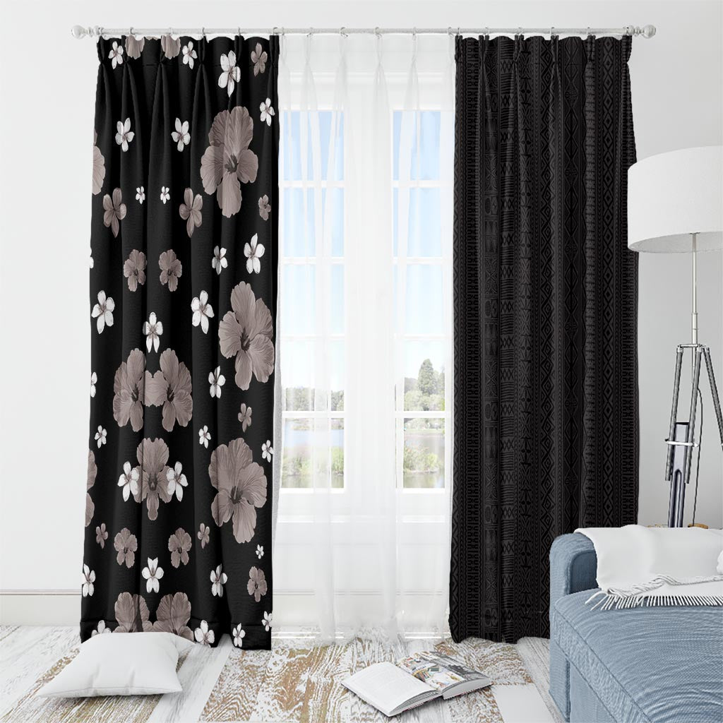 Hawaii Hibiscus and Plumeria Flowers Window Curtain Tapa Tribal Pattern Half Style Grayscale Mode LT03 - Polynesian Pride