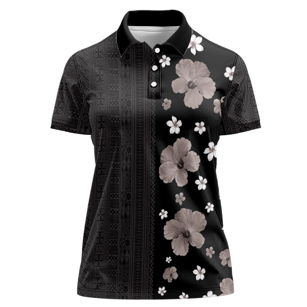 Hawaii Hibiscus and Plumeria Flowers Women Polo Shirt Tapa Tribal Pattern Half Style Grayscale Mode LT03 Female Black - Polynesian Pride