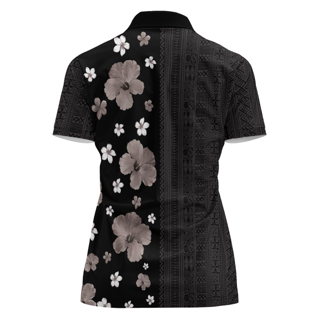 Hawaii Hibiscus and Plumeria Flowers Women Polo Shirt Tapa Tribal Pattern Half Style Grayscale Mode LT03 - Polynesian Pride