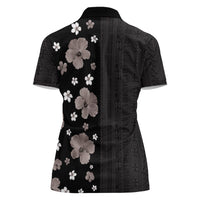 Hawaii Hibiscus and Plumeria Flowers Women Polo Shirt Tapa Tribal Pattern Half Style Grayscale Mode LT03 - Polynesian Pride