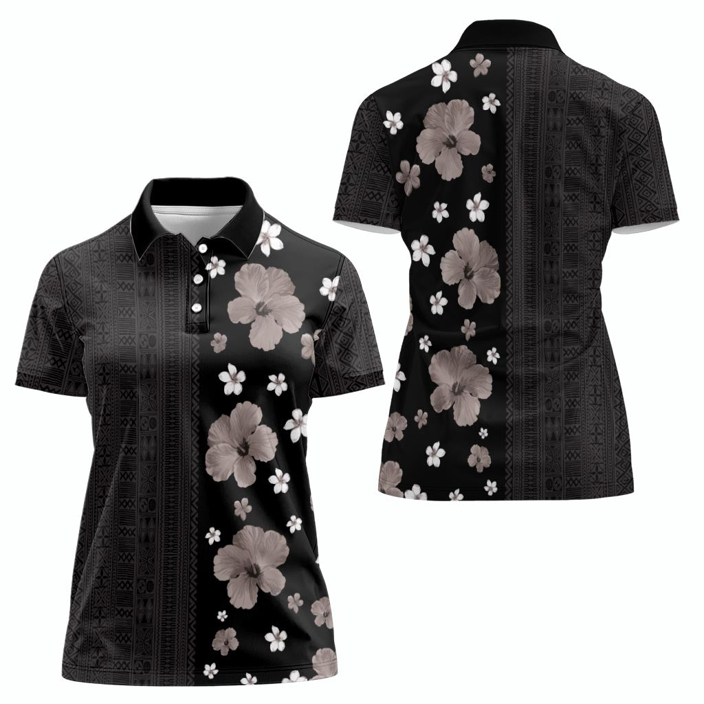 Hawaii Hibiscus and Plumeria Flowers Women Polo Shirt Tapa Tribal Pattern Half Style Grayscale Mode LT03 - Polynesian Pride