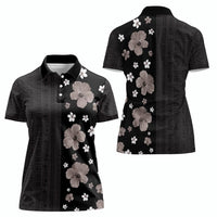 Hawaii Hibiscus and Plumeria Flowers Women Polo Shirt Tapa Tribal Pattern Half Style Grayscale Mode LT03 - Polynesian Pride