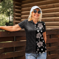 Hawaii Hibiscus and Plumeria Flowers Women Polo Shirt Tapa Tribal Pattern Half Style Grayscale Mode LT03 - Polynesian Pride