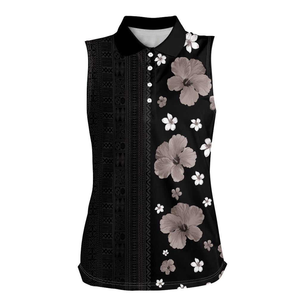 Hawaii Hibiscus and Plumeria Flowers Women Sleeveless Polo Shirt Tapa Tribal Pattern Half Style Grayscale Mode LT03 Female Black - Polynesian Pride
