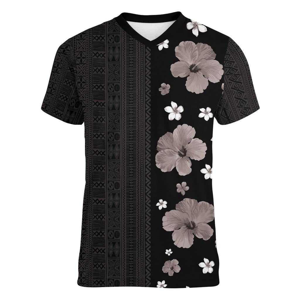 Hawaii Hibiscus and Plumeria Flowers Women V-Neck T-Shirt Tapa Tribal Pattern Half Style Grayscale Mode
