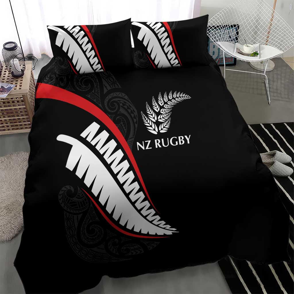 New Zealand Rugby Bedding Set Sporty Silver Fern Shape with Maori Tattoos - Polynesian Pride