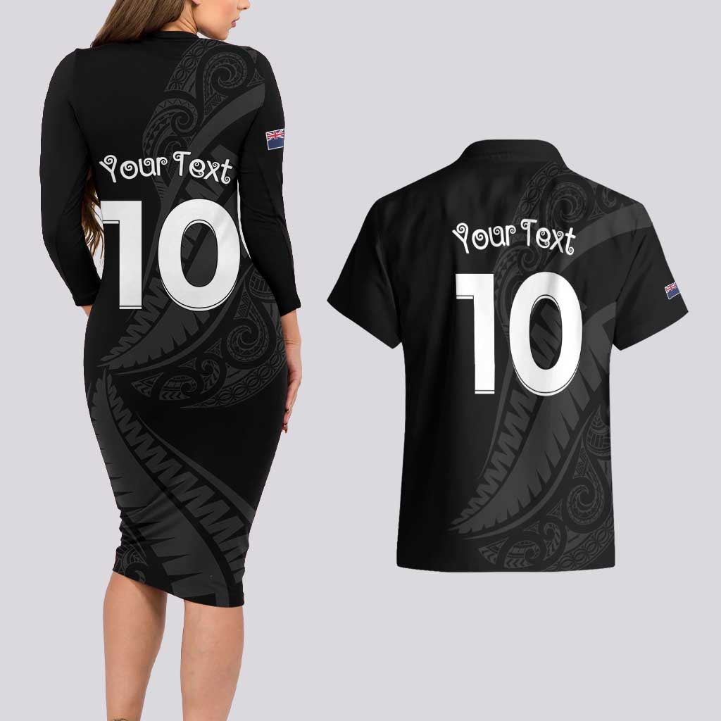 New Zealand Rugby Custom Couples Matching Long Sleeve Bodycon Dress and Hawaiian Shirt Sporty Silver Fern Shape with Maori Tattoos - Polynesian Pride