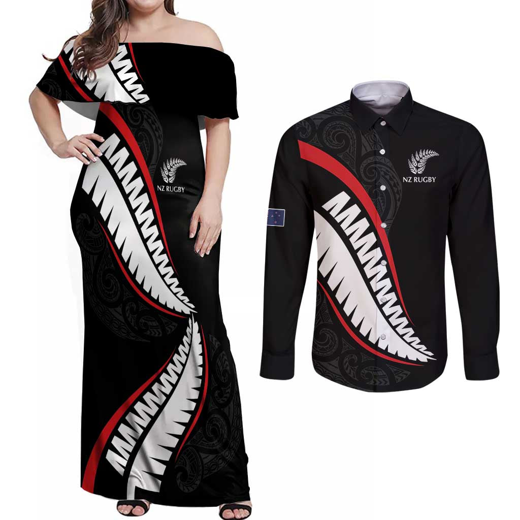 New Zealand Rugby Custom Couples Matching Off Shoulder Maxi Dress and Long Sleeve Button Shirt Sporty Silver Fern Shape with Maori Tattoos - Polynesian Pride