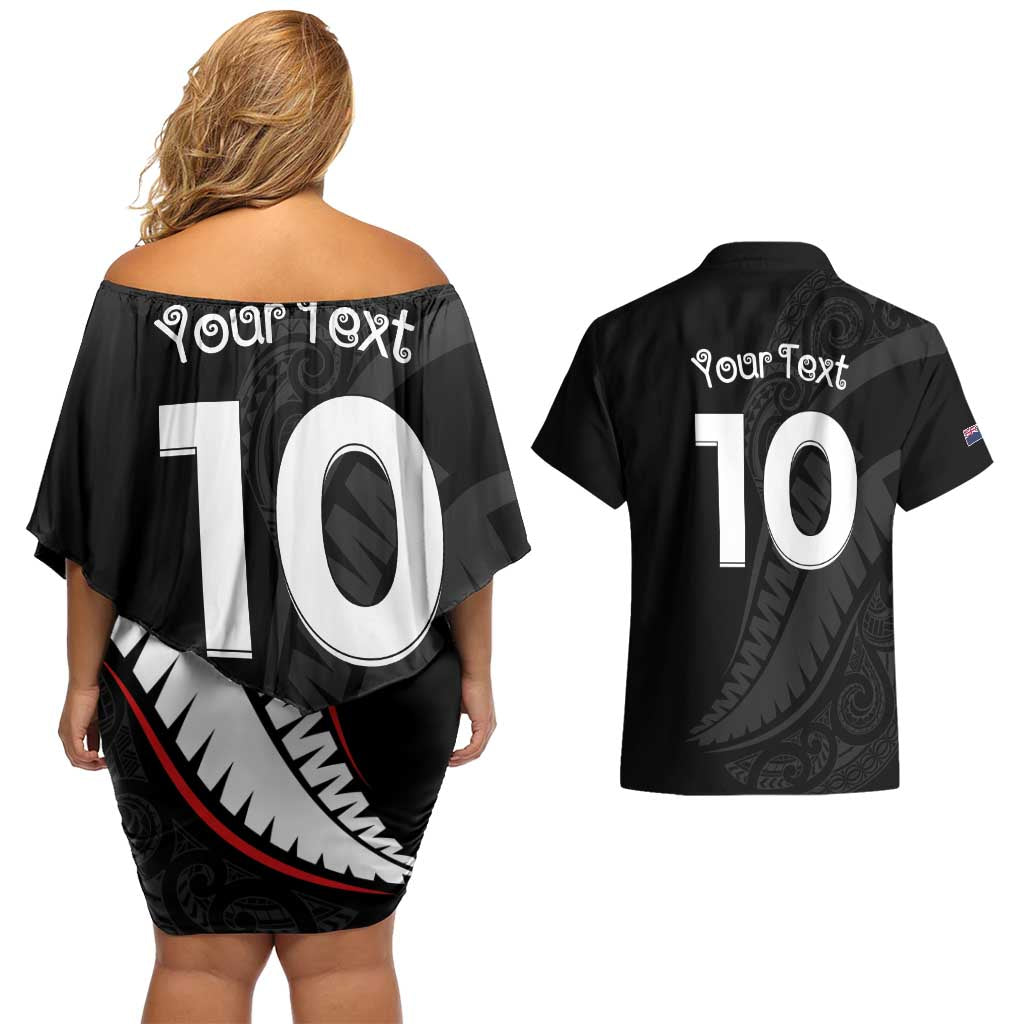 New Zealand Rugby Custom Couples Matching Off Shoulder Short Dress and Hawaiian Shirt Sporty Silver Fern Shape with Maori Tattoos - Polynesian Pride